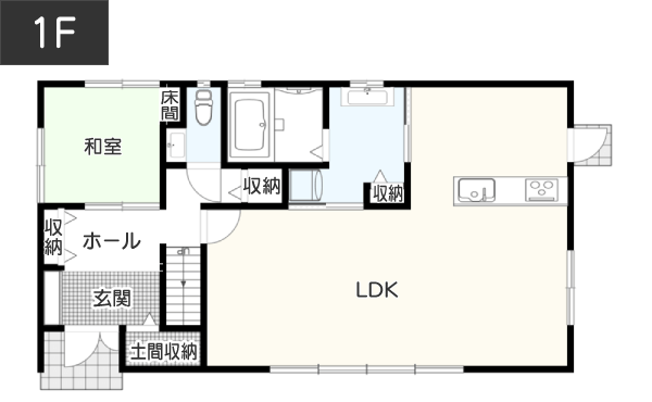 【40坪】大空間に大きな吹き抜けのある開放的な間取り例 1F