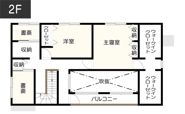 【40坪】大空間に大きな吹き抜けのある開放的な間取り例 2F