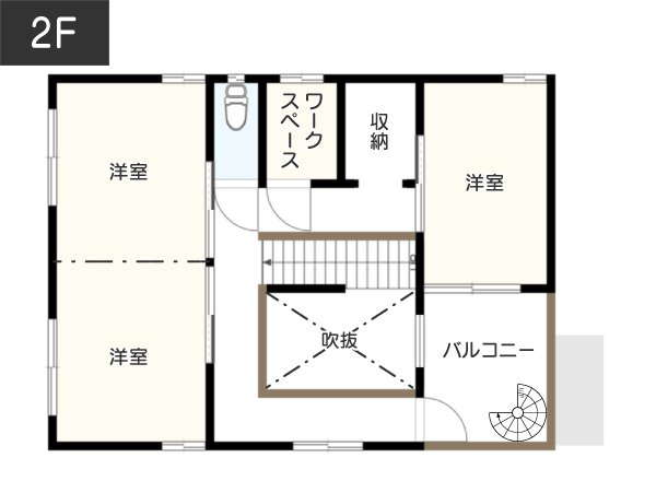 屋上庭園で緑と花に癒やされる「暮らし」を実現する間取り例　間取り図　2階