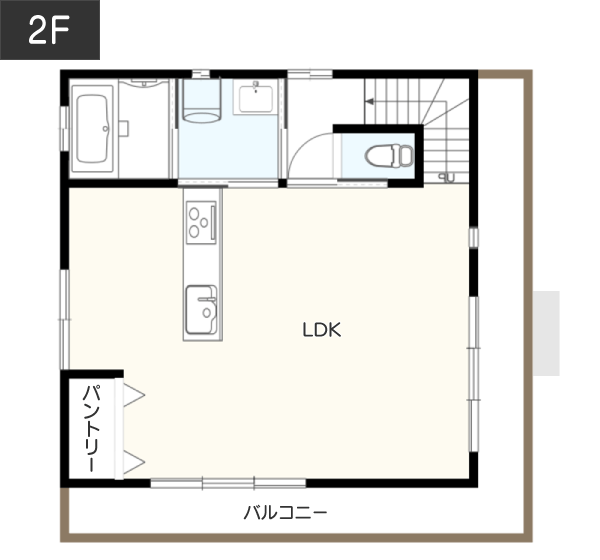 ルーフバルコニーで開放感いっぱいの「暮らし」を実現する間取り例　間取り図　2階