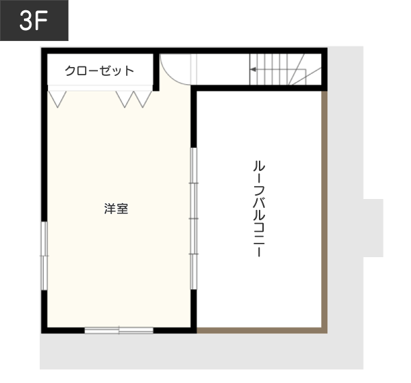 ルーフバルコニーで開放感いっぱいの「暮らし」を実現する間取り例　間取り図　3階