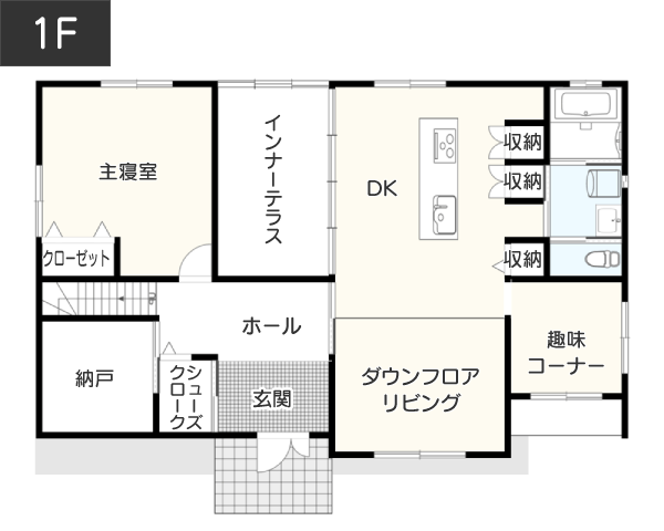 屋上テラスで眺望抜群の「暮らし」を実現する間取り例　間取り図　1階