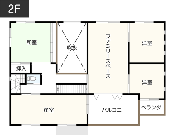 屋上テラスで眺望抜群の「暮らし」を実現する間取り例　間取り図　2階