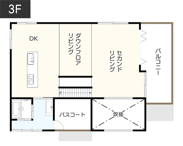 屋上テラスで眺望抜群の「暮らし」を実現する間取り例　間取り図　3階