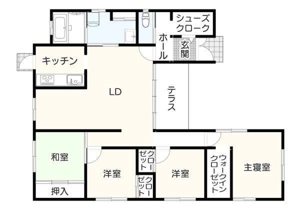 【延床面積30坪・平屋】スペースを有効活用した廊下のない間取りイメージ