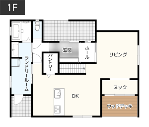 【廊下に設置】本棚とデイベッドを配置した読書スペースがあるヌックの間取り例　間取り図　1階