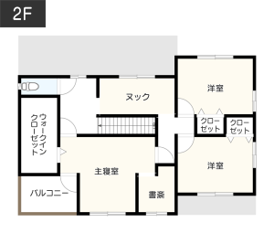 【廊下に設置】本棚とデイベッドを配置した読書スペースがあるヌックの間取り例　間取り図　2階