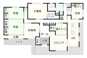 【平屋】続き間のある純和風屋敷風の間取り