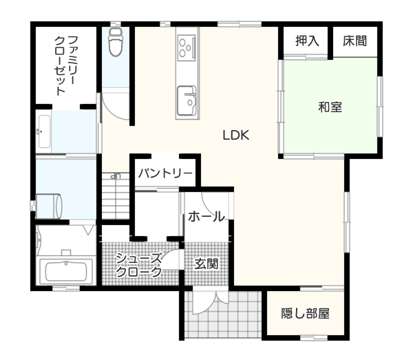 【30坪】買い出し後の大荷物もラクラク！キッチンパントリーがある間取り例　間取り図