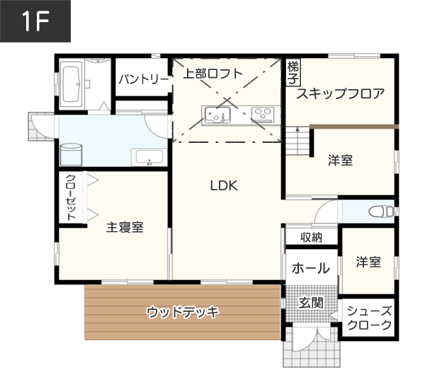 【30坪】ママ・パパだけの隠し部屋にピッタリ！ロフトスペースがある間取り例　間取り図　1階