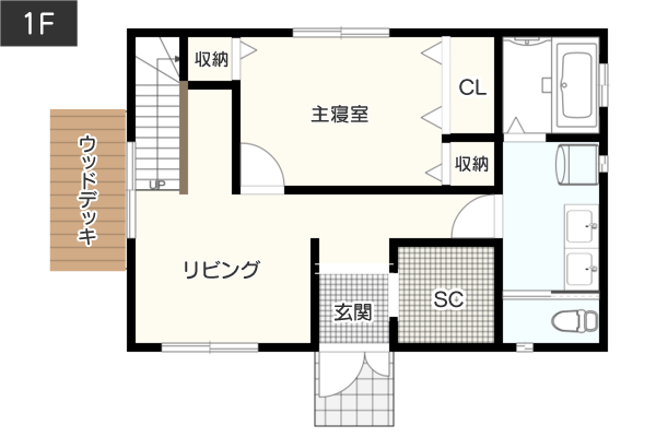 廊下をなくして「リビングやダイニングにゆとりを持たせた」間取り図　1階 例