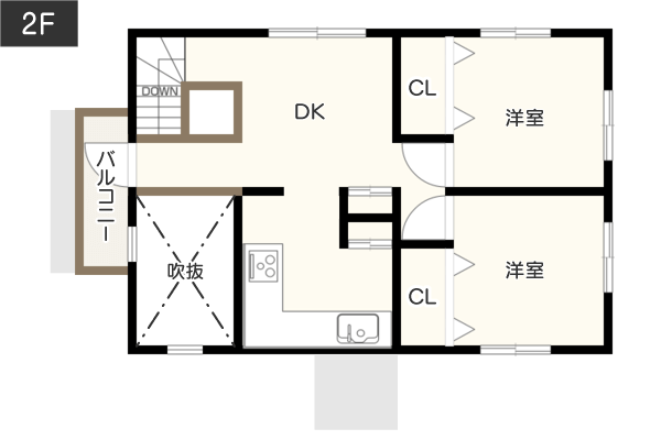 廊下をなくして「リビングやダイニングにゆとりを持たせた」間取り図　2階 例
