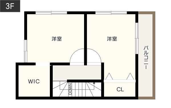 住宅密集地でも「窓から明るい日差しをたっぷりと取り込める」間取り図　3階　例