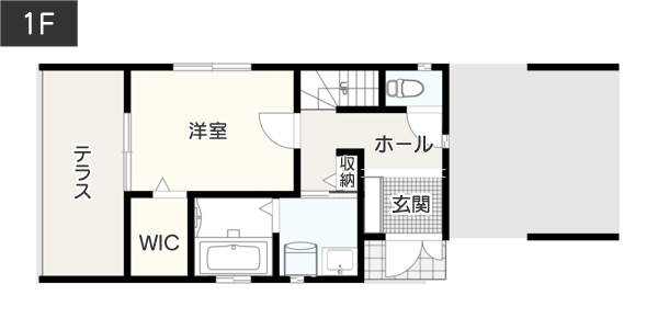 【総3階3LDK】広々キッチンで「２階にリラックス空間があるコンセプト」の間取り例　間取り図　1階