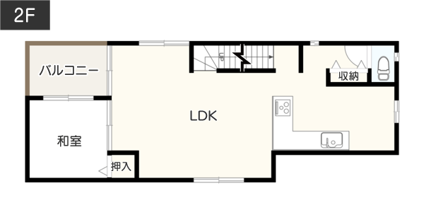 【総3階3LDK】広々キッチンで「２階にリラックス空間があるコンセプト」の間取り例　間取り図　2階