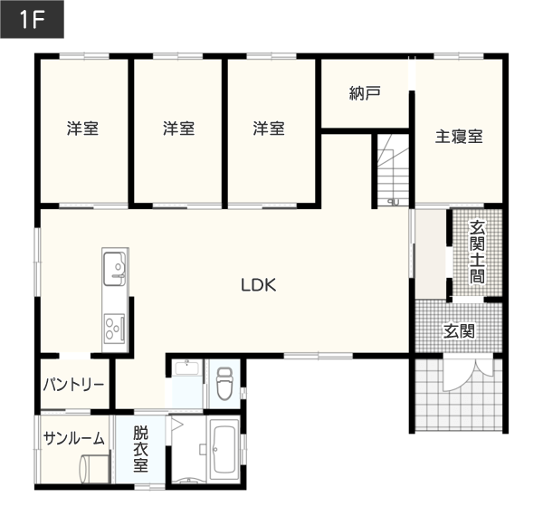 【平屋4LDK】明るい南玄関で「家事効率バッチリコンセプト」の間取り例　間取り図　1階