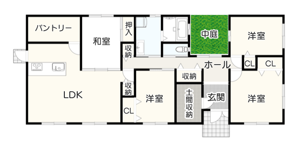 【平屋4LDK】収納がたっぷり！中庭がある「開放感重視コンセプト」の間取り例　間取り図