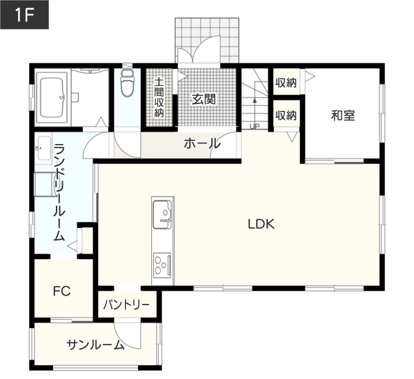 【総2階4LDK】洗濯から収納までスムーズ！「プライベート空間を２階にまとめるコンセプト」の間取り例　間取り図　1階