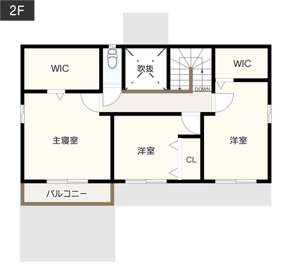 【総2階4LDK】洗濯から収納までスムーズ！「プライベート空間を２階にまとめるコンセプト」の間取り例　間取り図　2階