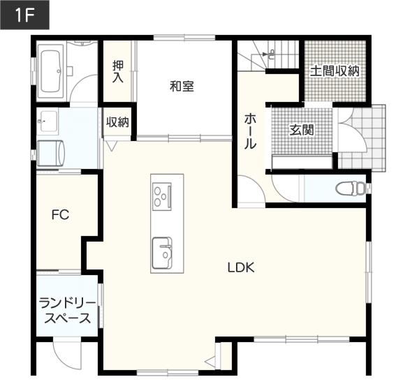 【総2階4LDK】家事が楽々！「家事負担の軽減をコンセプト」にした間取り例　間取り図　1階