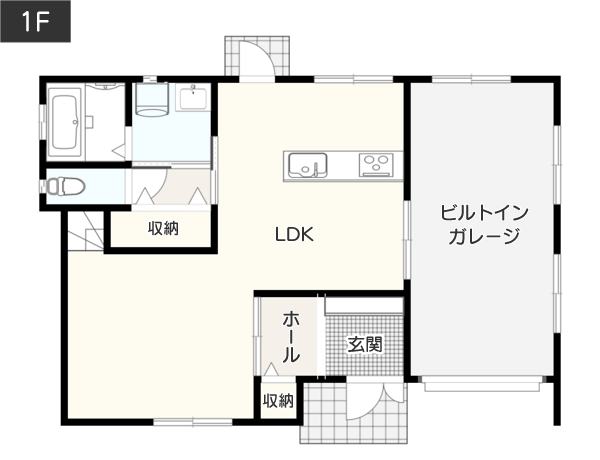 【総2階3LDK】室内から自慢の「愛車を眺めることができるコンセプト」の間取り例　間取り図　1階