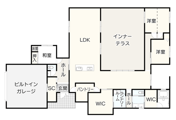 【３LDK】広いインナーテラスとガレージのある間取り