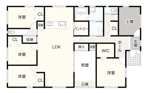 【５LDK】土間やパントリーなど収納スペースが豊富な間取り