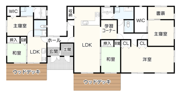 【３LDK＋２LDK】玄関ホールで分かれる二世帯住宅の間取り