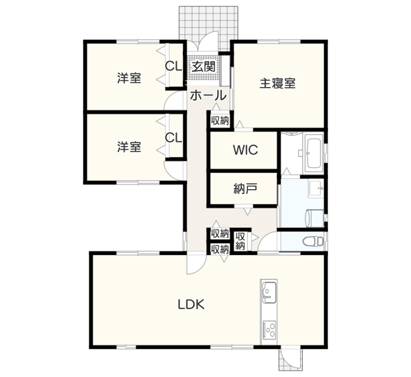 【３LDK】中庭を囲むコの字型の平屋の間取り