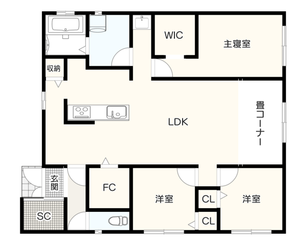 【３LDK】縦にゆとりのある勾配天井の間取り