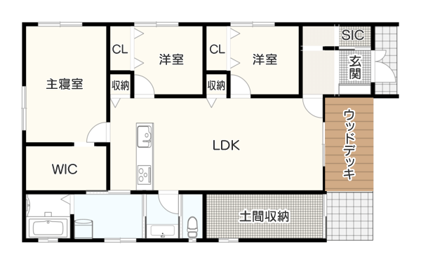 LDKと個室がつながる平屋の間取り