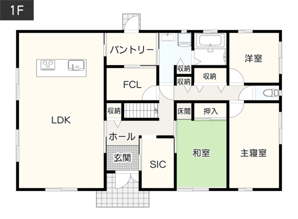 切妻屋根の勾配を活かした吹き抜けのある間取り