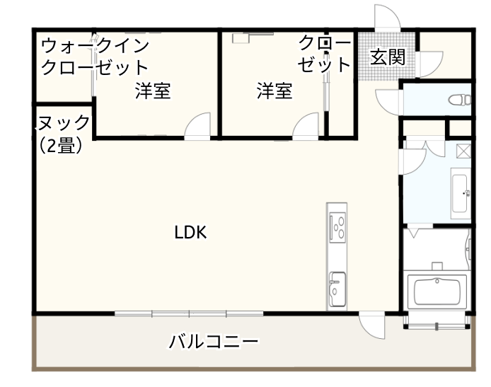 【LDKに設置】家族と時間を共有しながらプライベートな空間も作れるヌックのある間取り例　間取り図