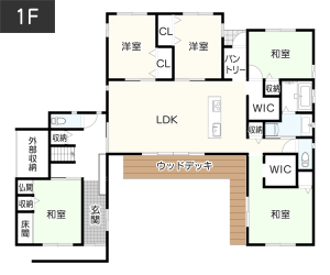 【5LDK】小屋裏収納のあるコの字型の間取り1F_イメージ