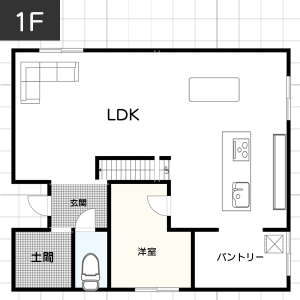 【LDKの間取り事例】L字型の形状イメージ１階