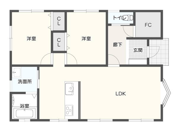 【30坪】同居人とのつながりを感じられる2LDK平屋の間取り