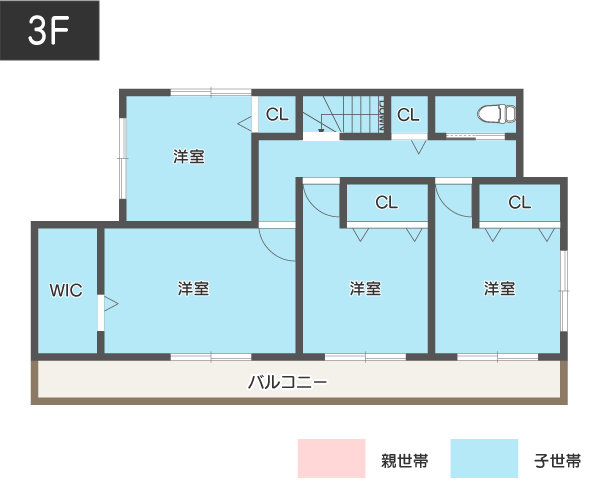 向きを変えた玄関で程よい距離感の二世帯住宅の間取り3階