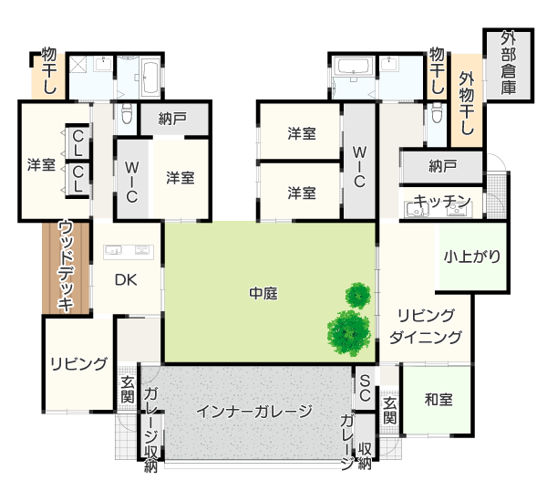 【中庭のある左右分離型】二世帯住宅平屋の間取り