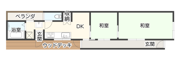 玄関が2つ!? ウッドデッキでつながる不思議な間取り