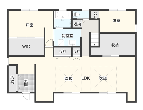 屋根と天井の間に秘密のシアタールームがある間取り1階