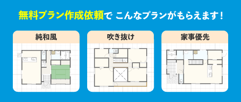 無料プラン作成でこんなプランがもらえます！｜純和風、吹き抜け、家事優先